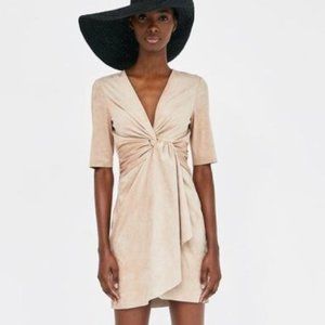 Zara Tan Faux Suede Draped Mini Dress Front Twist -